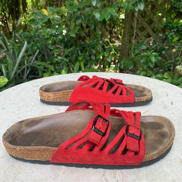RARE Vintage Birkenstock Granada Double Strap Red Nubuck Suede Sandals 37/6 - Picture 9 of 16